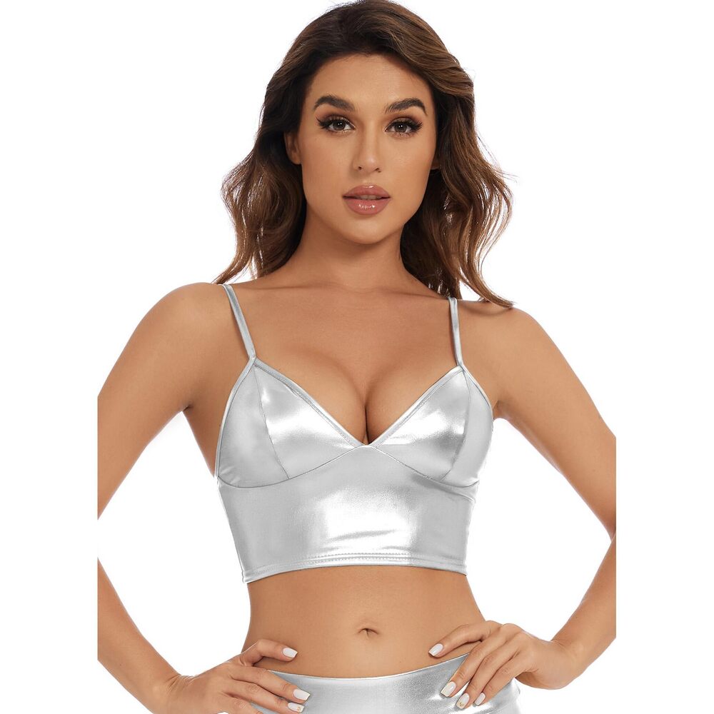 2940 Metallic Crop Tops Shiny V-Neck Tube Bra for Dancing Raves - Picture 2 of 5